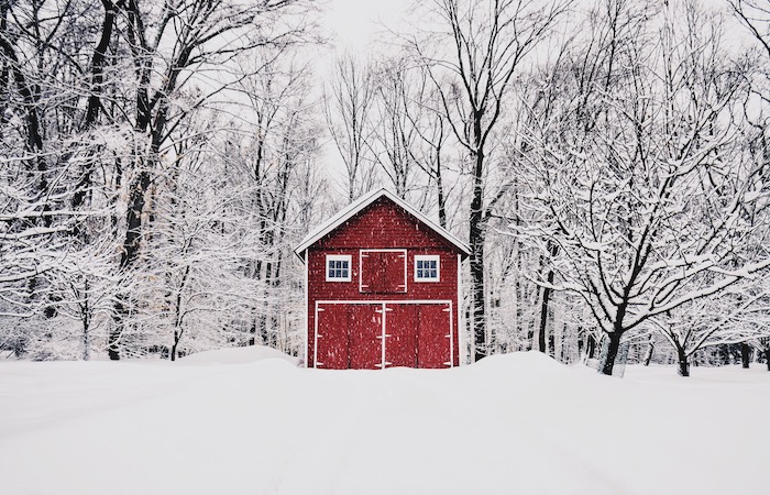 red barn in the snow