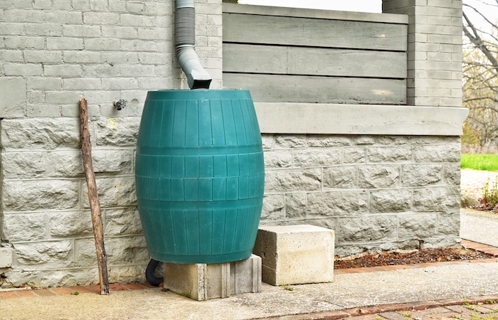 rainwater barrel along the side of a home