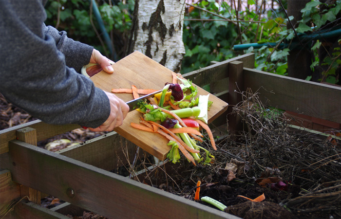 throwing vegetable waste into a compost bin