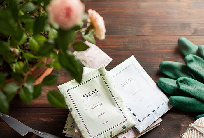 Seed pouches sitting on a wooden table with other gardening tools.