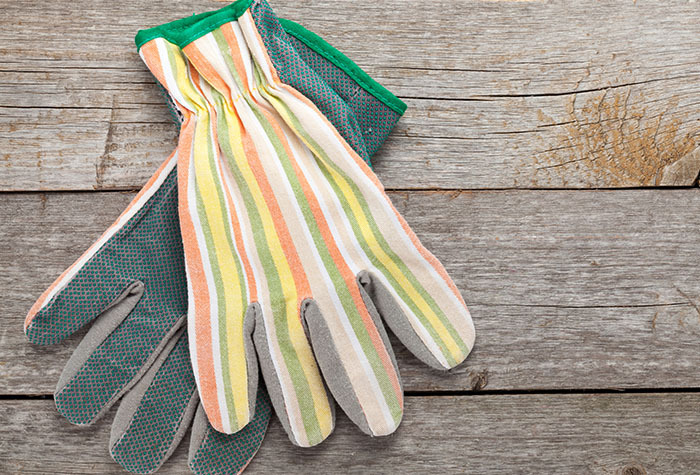 Pair of striped gardening gloves on a wooden table top.