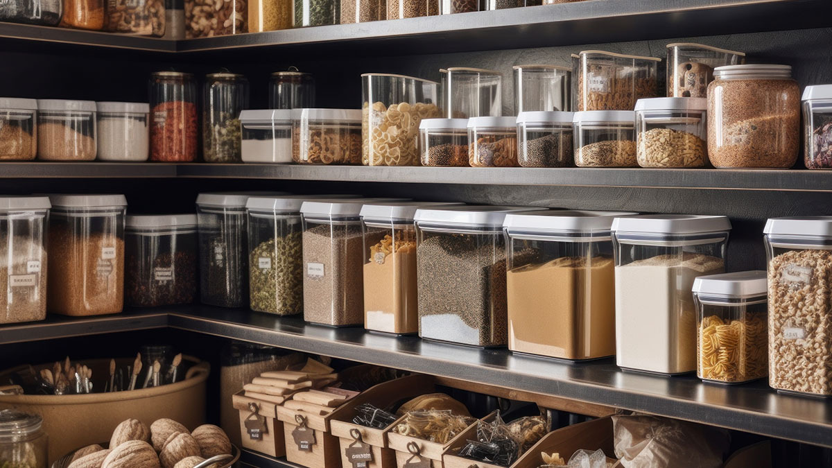 An organized kitchen pantry filled with pantry good.