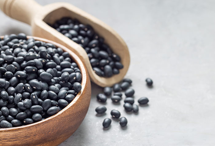 A hand scoop and bowl filled with raw beans sitting on a counter.