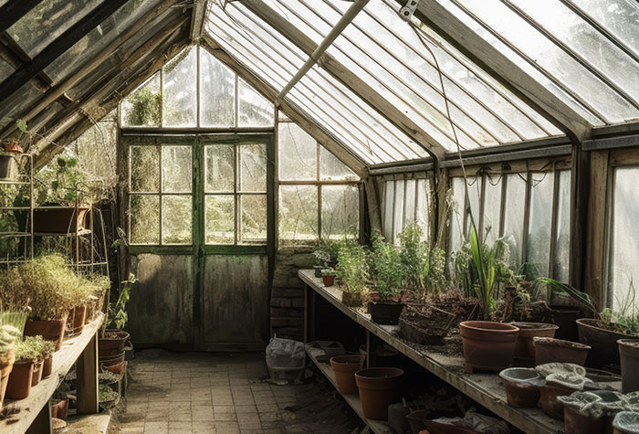 A greenhouse filled with wooden shelves covered in potted plants.