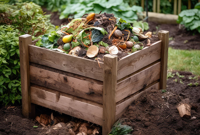 A home compost bin piled high with leftover food scraps.