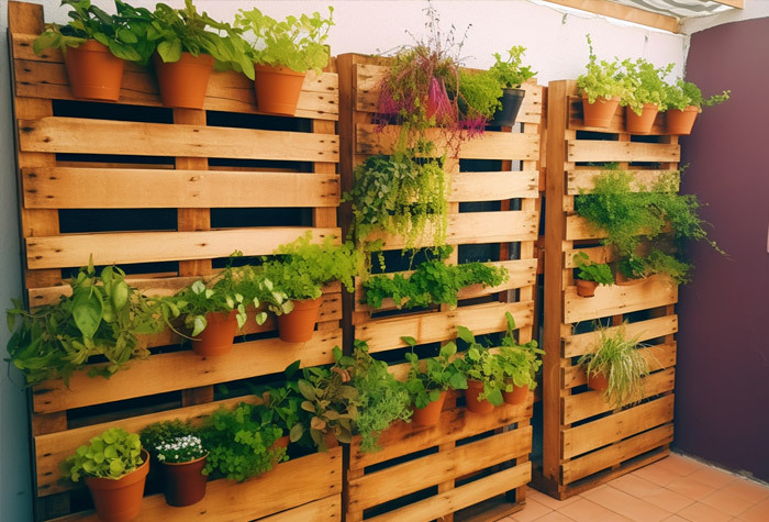 Old pallets repurposed to be a trellis for garden pots. 