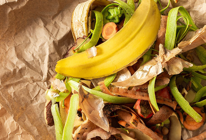 A pile of food scraps to add to the compost bin.