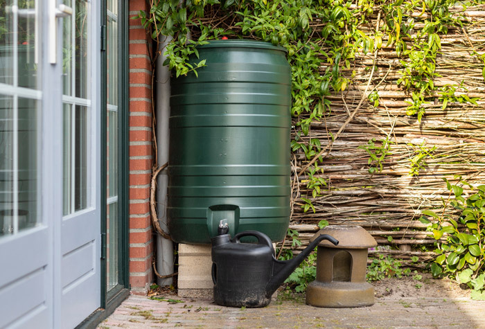 Homemade rain barrel hooked up to a house.