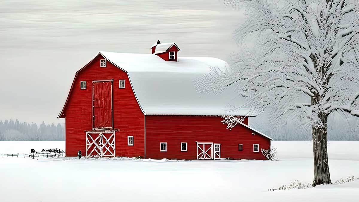 A large red barn covered in winter snow.