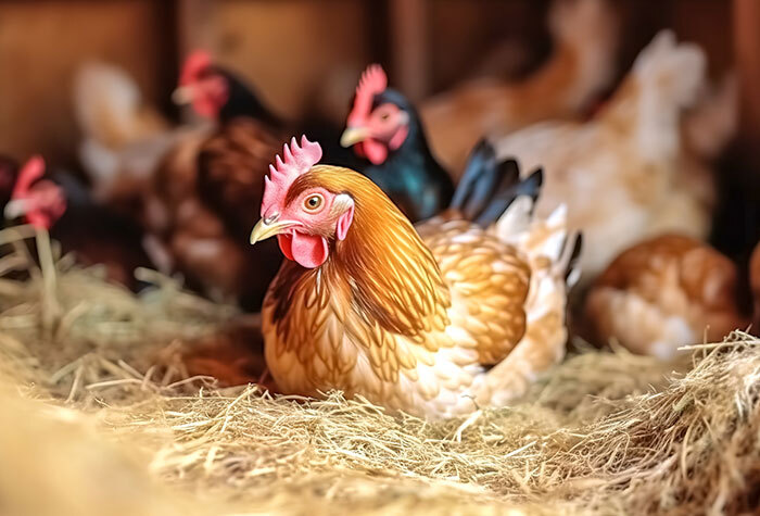 A group of chickens roosting in their chicken coop. 