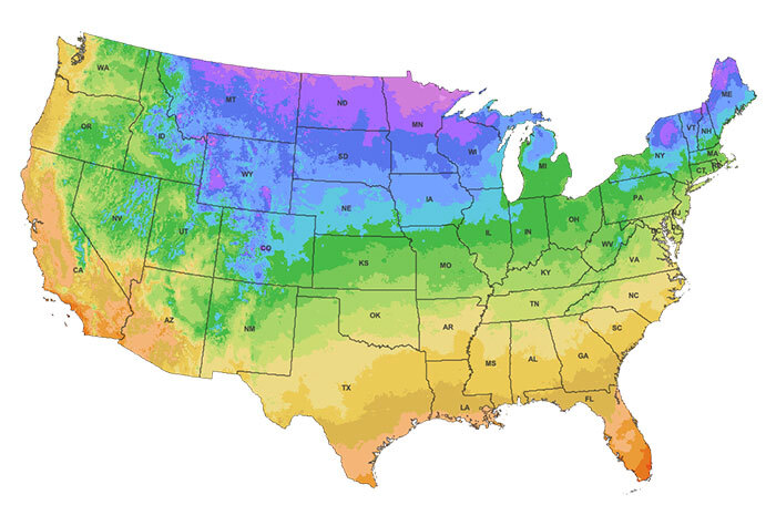 A rainbow-colored map of the United States, indicating the different growing zones.